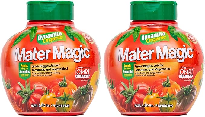 Dynamite Mater Magic - Organic Tomato Fertilizer for Bigger, Juicier Tomatoes and Vegetables, OMRI Listed, Nitrogen and Calcium-Rich Plant Food - .675 Pound Container with Shaker Lid (Pack of 2)