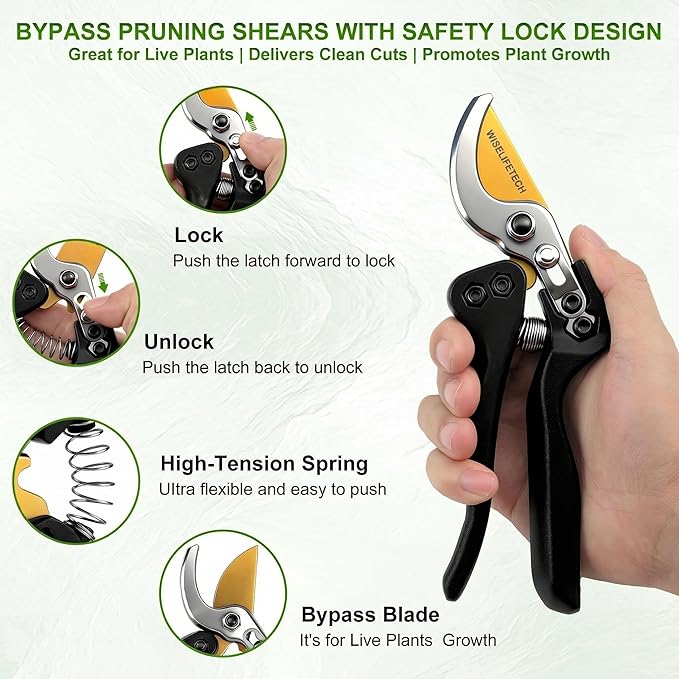 Pruning Shears, Sharp Clean Cut SK5 Steel Garden Clippers with Teflon Blade, Bypass Hand Pruners, Ergonomic Non-Slip Grip for Roses, Shrubs & Plants