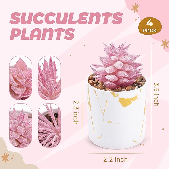 Der Rose Set of 4 Succulents Plants Artificial for Office Desk Accessories for Women Pink Home Decor