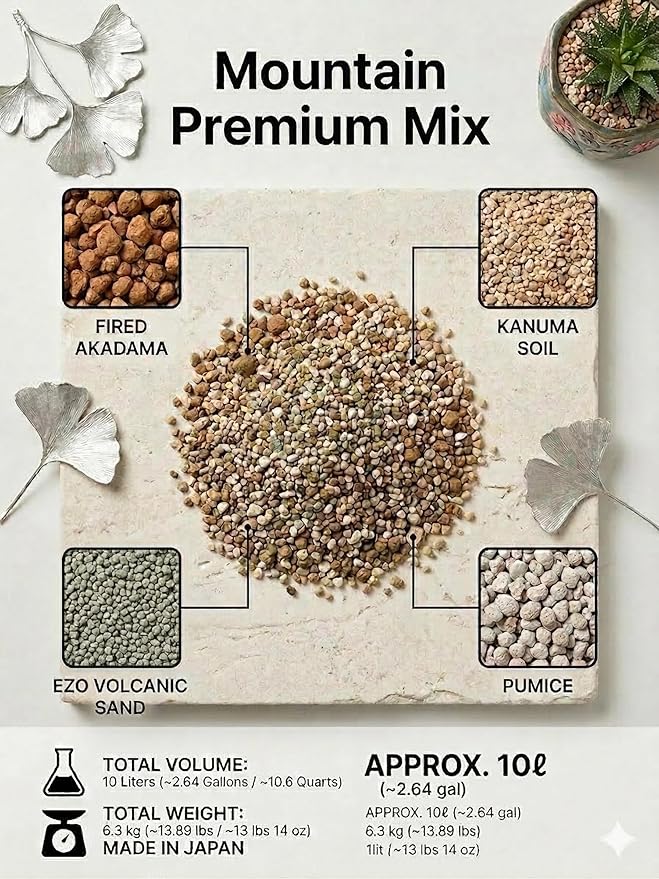 Premium Succulent & Bonsai Soil Mix with Fired Akadama, Kanuma, Ezo Volcanic Sand & Pumice - Fast Draining Volcanic Rock Substrate for Cacti & Alpine Plants - 10 Liters (13.5 lbs)