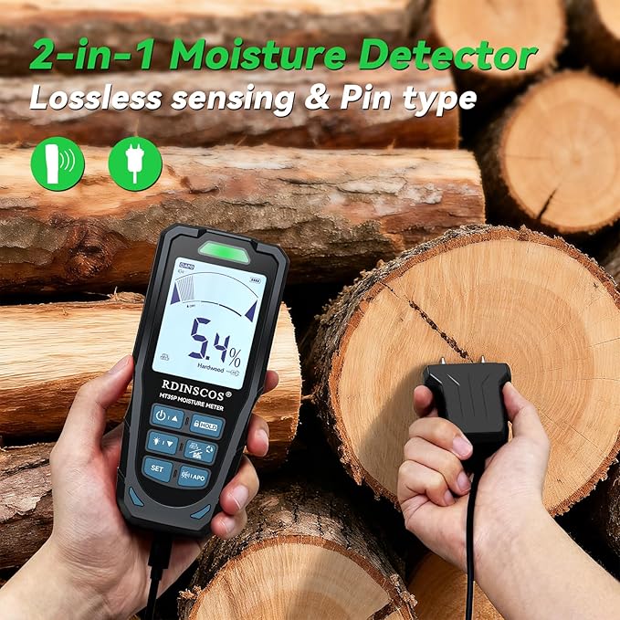 Pinless & Pin-Type Moisture Meter for Wood, Drywall & Concrete – Digital Moisture Tester Audible Alarm & HOLD Function – Ideal for Firewood, Lumber, Home Inspections
