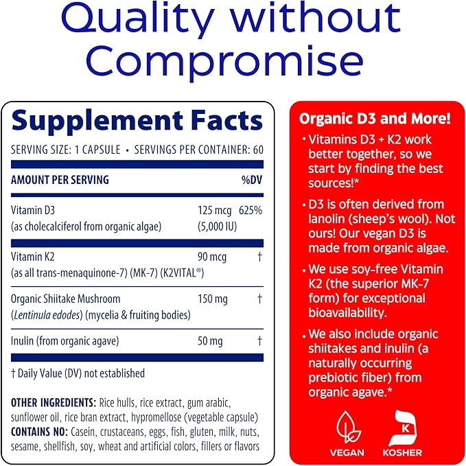 Enzymedica Vitamin D3 K2, 5000 IU Vegan D3 + 90 mcg MK-7, Plant-Based Supplement with Shiitake Mushroom & Prebiotic Fiber for Bone & Immune Support, 60 Capsules