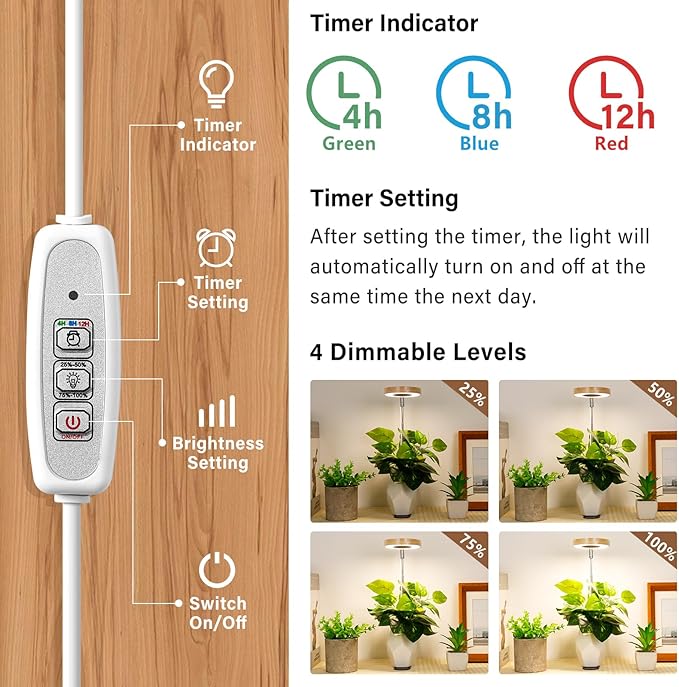 LORDEM Bamboo Base Desktop Grow Light, LED Plant Lamp with Full Spectrum, 4 Adjustable Brightness Levels, 4H/8H/12H Auto Timer for Indoor Plants Growing, Height Adjustable 7.8"-26", 1 Pack