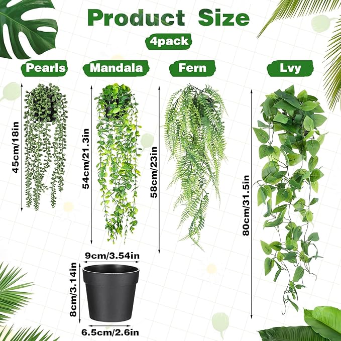 SHENLIU Artificial Hanging Plants for Shelf, 4 Pack Fake Potted Greenery Plant Faux Eucalyptus Vine String of Pearls Boston Fern Ivy Vine Leaves for Living Room Bedroom Boho Wall Shelf Indoor Outdoor