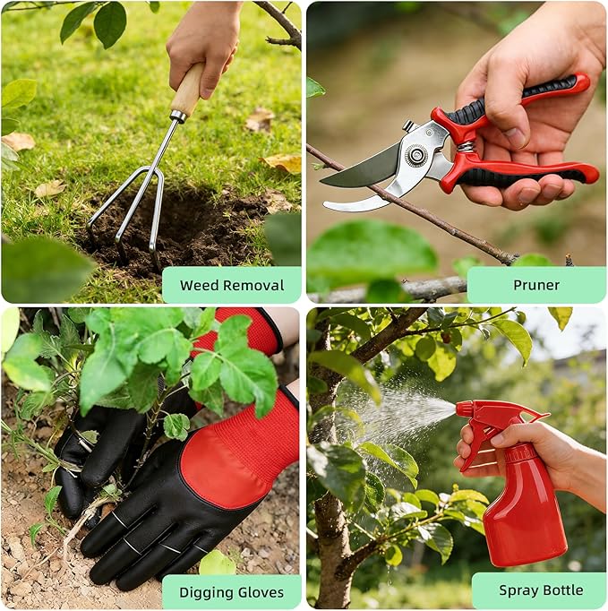 Garden Tools Set, 9-Piece Heavy Duty Gardening Tools with Clear Pocket Tote Bag, Stainless Steel Garden Hand Tools for Digging, Planting, Weeding and Pruning, Durable Gardening Kit