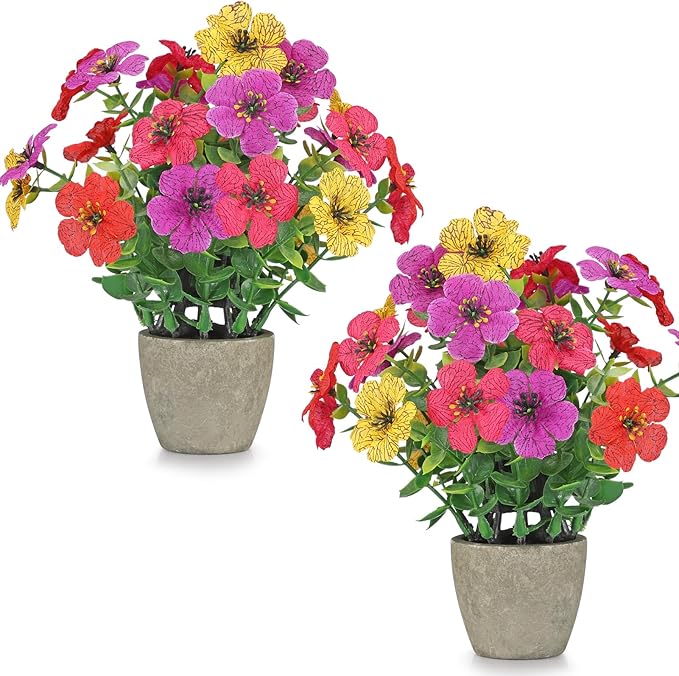 2 Pack Small Fake Plants Potted Artificial Plants Artificial Flowers Potted Faux Flower Daisy with Eucalyptus Leaves for Home Decor Office Room Farmhouse Indoor Table Bathroom Decor （colorful）
