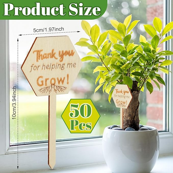 Sieral 50 Pcs Wooden Teacher Appreciation Plant Tags Sign, Thank You for Helping Me Grow, Hexagon Plant Tags, Grow Succulent Gift Card Graduation Gifts Stakes Labels Garden for Baby Shower