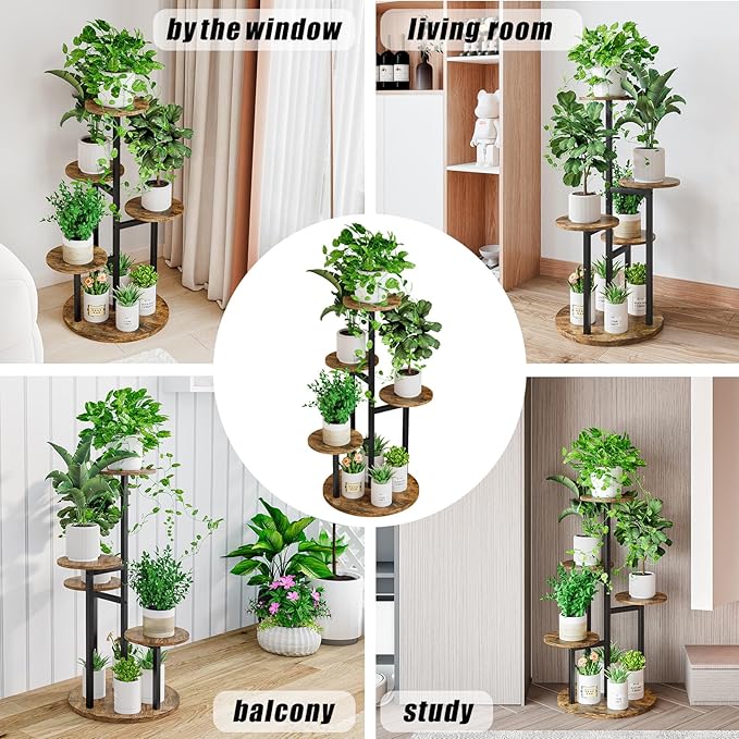 INGIORDAR Plant Stand Indoor Outdoor Corner Flower Stands Multiple Flower Pot Holder for Patio Garden Balcony Living Room 5 Tier Black+Rustic Brown