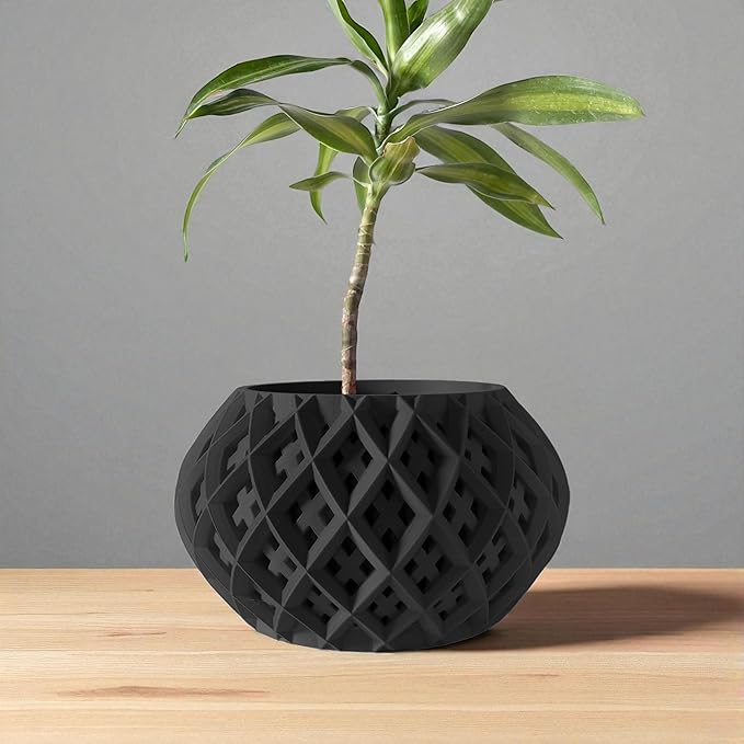 DarkStone Modern Geometric Planter – Bold Black Round Pot with Cross-Lattice Texture – Compact Indoor Plant Container with Drainage Hole (Black, Outer Dimensions: Compact 6" Width x 4" Height)