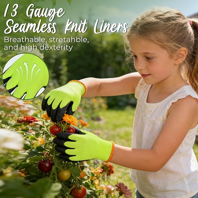 HANDLANDY 3 Pairs Kids Gardening Gloves, Micro-Foam Coated Children Toddler Garden Yard Work Gloves for Little Girls Boys (Size S, Black Green)