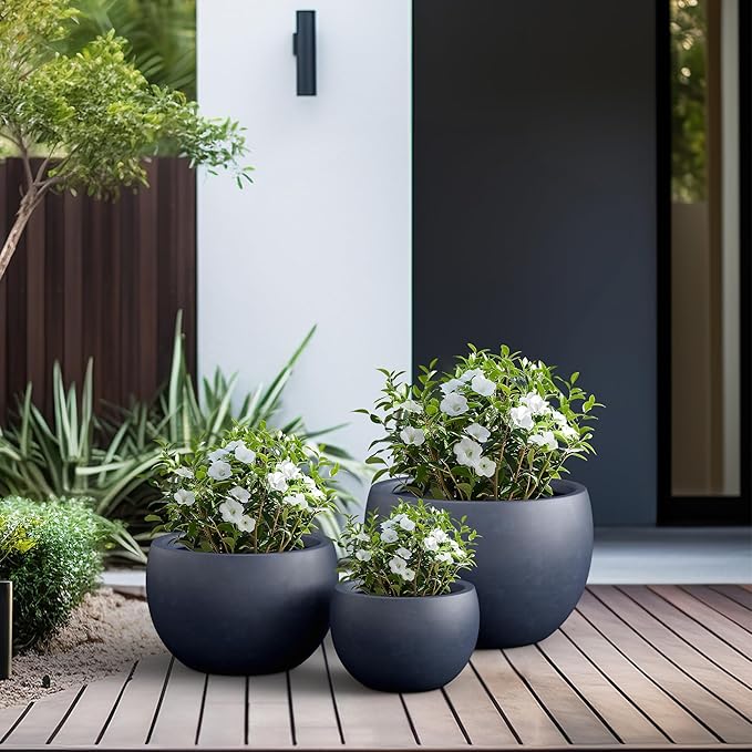 Kante 19.9",15.7",11.8" Dia Round Concrete Planter Set of 3, Outdoor/Indoor Large Bowl Plant Pots with Drainage Hole and Rubber Plug for Garden Patio Balcony Home, Dark Gray