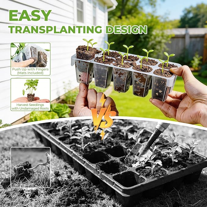 HIRALIY 80 Cell Seed Starter Tray Kits with Grow Light, Reusable Plant Germination Trays, Easy Transplanting, with Domes and Bases, for Starting Vegetable, Flower, Herb, Indoor Gardening, Greenhouse
