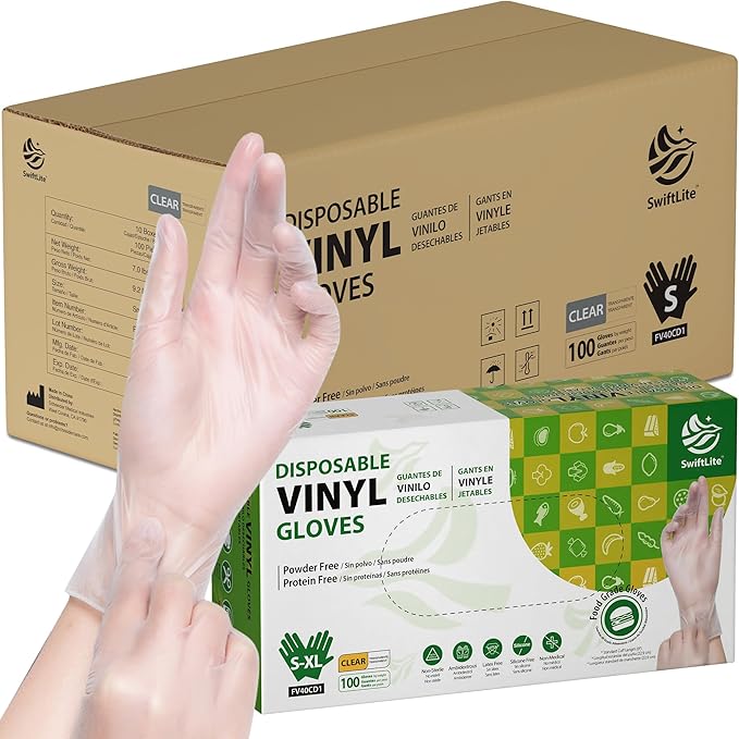 SWIFTLITE Disposable Vinyl Gloves, Food Safe, Latex-Free Powder-Free Clear Plastic Gloves for Cooking, House Clean, Food Prep
