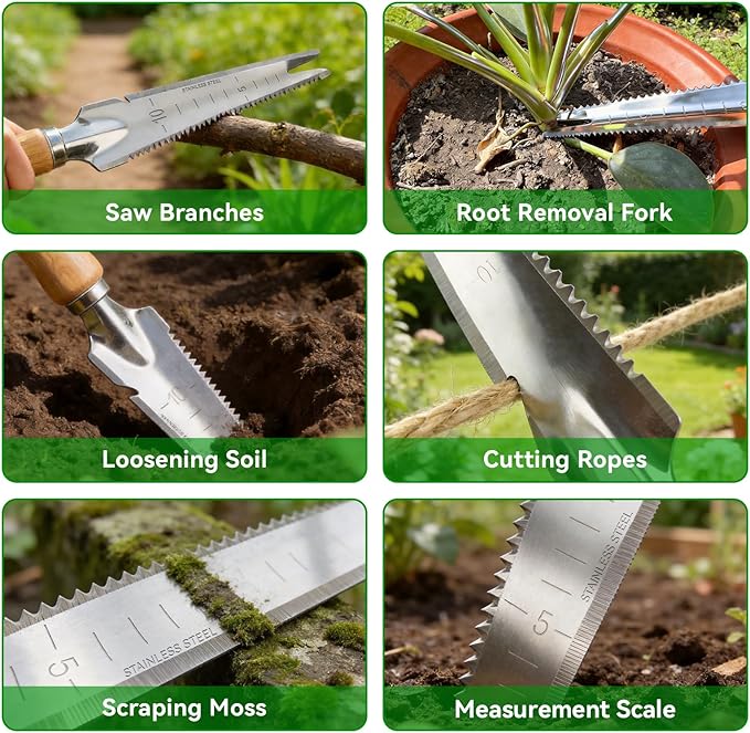 2 Pack Garden Weeding Tool, Stainless Steel Hand Weeder & Garden Trowel with Serrated Edge and Depth Measurement Marks, Wooden Handle Gardening Tool for Digging, Planting, Transplanting & Weed Removal