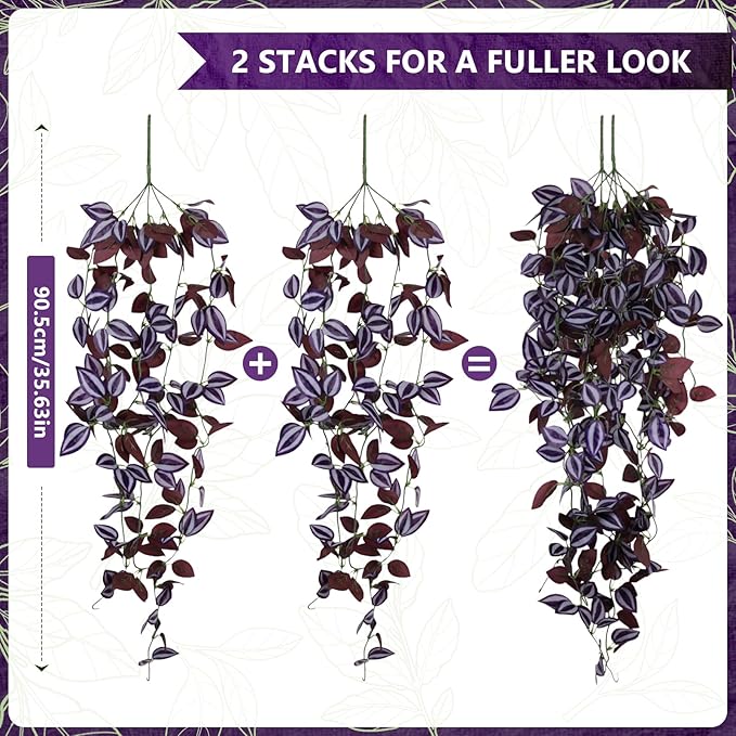 2-Pack Fake Hanging Plants, Faux Hanging Plant Artificial Greenery for Living Room Bedroom Boho Wall Shelf Indoor Outdoor Decor (Purple-Eyed Hairy Leaf)