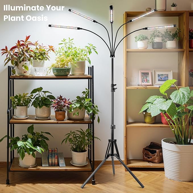 Garpsen Grow Lights for Indoor Plants, 5 Heads Full Spectrum Grow Light with Adjustable Tripod Stand, 100PCS LEDs Plant Light for Indoor Plants with 6/12/16H Timer and 3 Light Modes(No Clip)