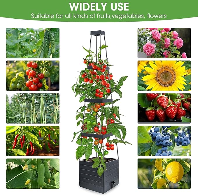 MYMULIKE Raised Garden Bed 4 Packs, Planter Boxes with Trellis 58.3'' Tomato Planters for Climbing Vine Vegetables Flowers Plants Self Watering Tomatoes Cage for Outdoor Patio Greenhouse