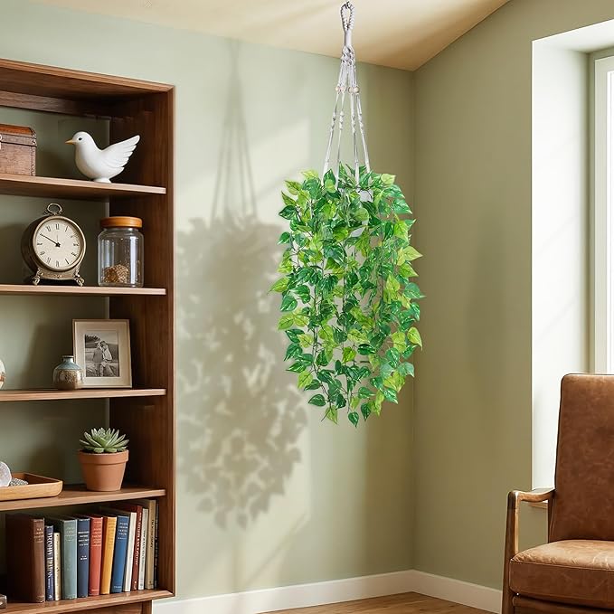 DREAMLOOM 2 Packs Fake Hanging Plants with Pots, Artificial Pothos Hanging Plants with Macrame Hanger for Indoor Decor, Fake Hanging Vines Faux Greenery for Home Kitchen Office