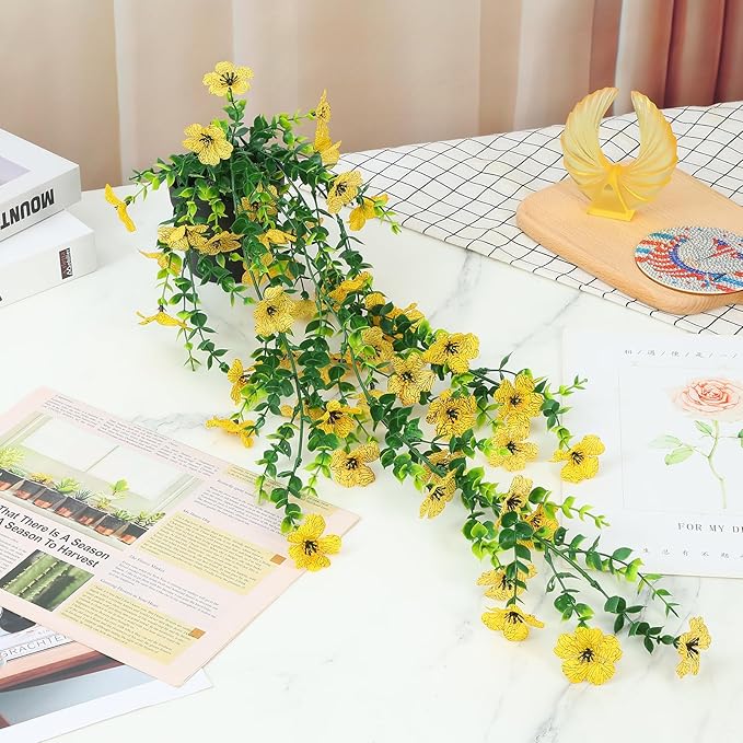 FAVOWREATH Fake Plants Hanging Artificial Potted Faux Eucalyptus Plants and Flowers for Modern Boho Farmhouse Bathroom Office Desk Wall Book Shelf Living Room Aesthetic Decor Indoor (Yellow)