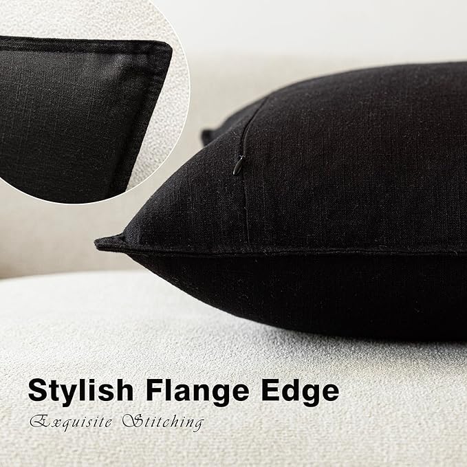 Foindtower Pack of 2, Decorative Linen Soild Throw Pillow Covers Soft Accent Cushion Case Boho Farmhouse Neutral Pillowcase for Chair Couch Sofa Bedroom Living Room Home Decor 24 x 24 Inch Black