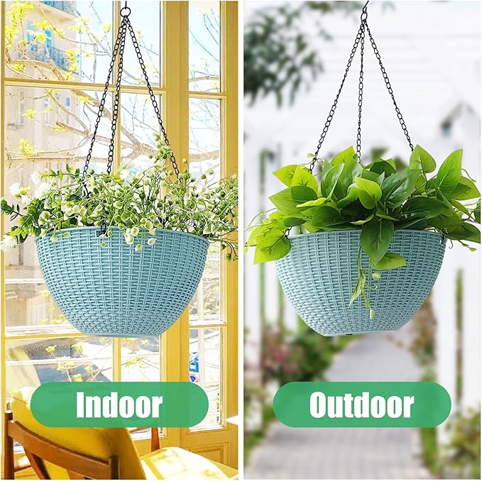 RooTrimmer Hanging Planters for Outdoor Plants 8/10 Inch, 4 Packs Hanging Flower Pot Indoor with Drainage Holes, Self-Watering Hanging Basket Perfect for Home, Office and Garden (Sky Blue)