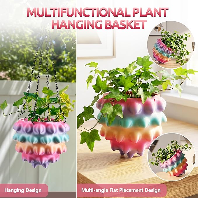Enhon 6 Inch Hanging Planters for Indoor Plants, Unique Hanging Pots for Plants with Drainage and Hanger Baskets Hangers, Spiked Orb Plant Hanger, Silky Rainbow Finish