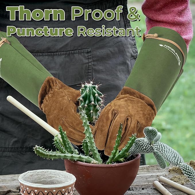 HANDLANDY Long Gardening Gloves for Men & Women, Pigskin Leather Rose Pruning Gloves, Breathable Thorn Proof Gauntlet Glove (Moss Green, L)