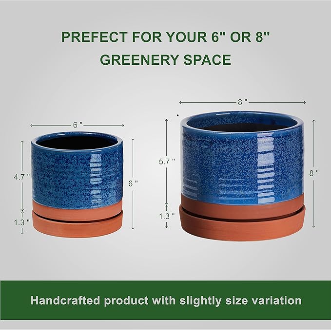 HERDUK 6 + 8 Inch Plant Pots, Ceramic Planter Pot with Drainage Hole & Saucer, Indoor/Outdoor Cylinder Round Planter Pot, Aqua Blue & Terracotta