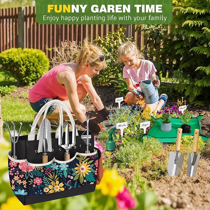22Pcs Gardening Tools Set for Women Heavy Duty Garden Hand Tool Kit Garden Gifts for Mom Beginner Gardening Accessories with Tote Bag/Shovel/Repotting Mat/Plant Labels/Gloves-Black
