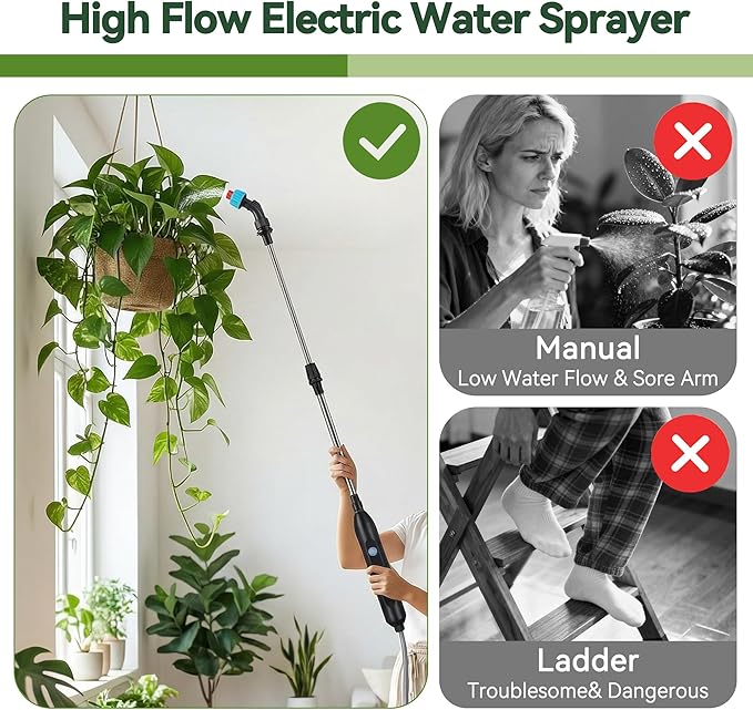 High Reach Electric Water Sprayer Wand for Hanging Plants, Telescoping Indoor Plant Waterer with Pump, 180° Adjustable Watering Nozzle, Fan Spray Head, High Flow Leak-Proof Design