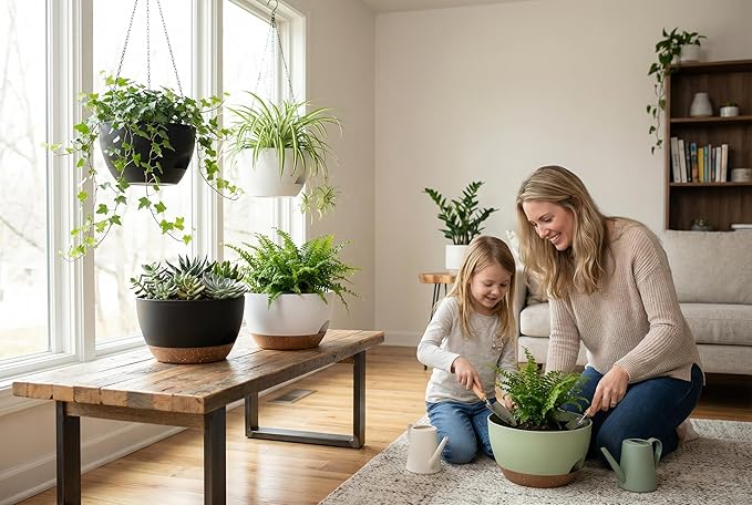 Hanging Planters 3-Pack, 8 Inch Self-Watering Hanging Pots with Drainage Hole and Chains, Plastic Planters for Indoor Outdoor（Green Brown）