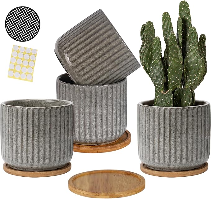 TAMAYKIM 5.25 Inch Ceramic Plant Pots with Drainage Holes and Saucers, Modern Vertical Pattern Flower Pots with Trays for Indoor Planters, Snake Plant, Succulent, Cactus and Herbs, Set of 4
