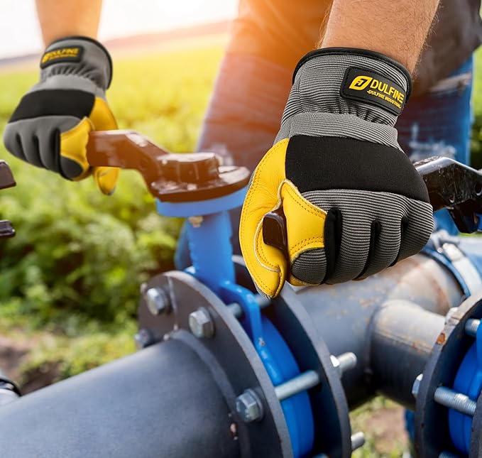 DULFINE Cowhide Leather Work Gloves for Men & Women, Reinforced Durable Gardening Gloves, Puncture & Cut Resistant