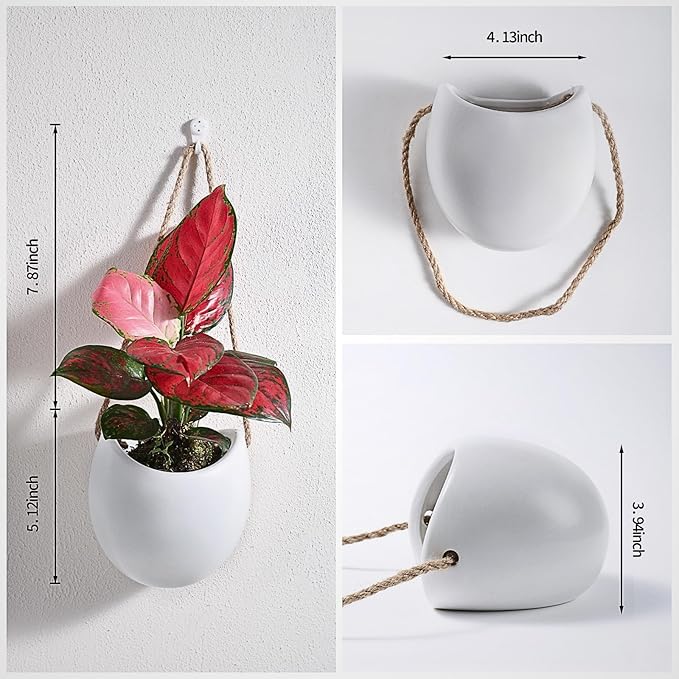Set of 3 Small Ceramic Hanging Planters for Indoor Plants, Wall Decor for Bathroom Living Room Bedroom Home Kitchen Office Corridors