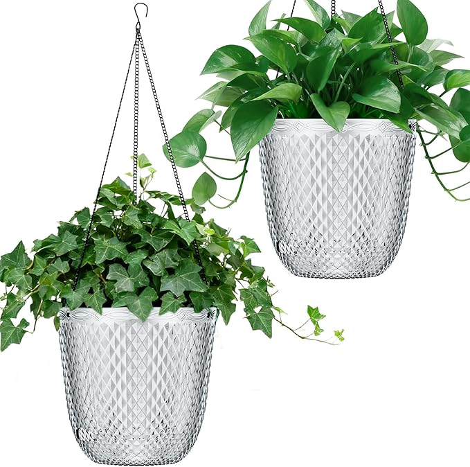 QCQHDU Self Watering Hanging Pots, 2 Pack 5.7 Inch Hanging Planters for Plants Indoor, Flower Pots with Drainage Holes and 3 Hooks Chains for Garden Home (Clear)