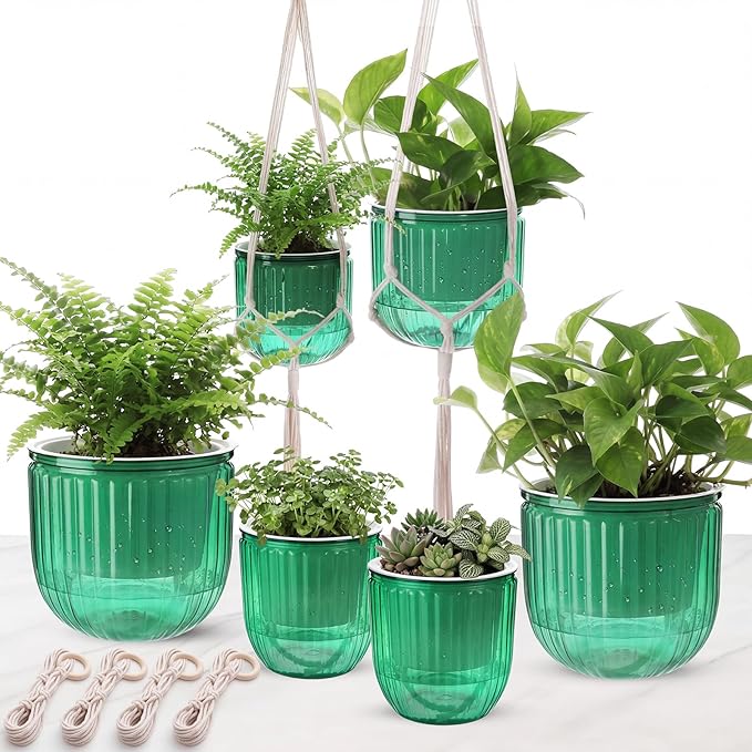 6 Pack Self Watering Hanging Planters Indoor Flower Pots(4.5"+6.5") Visible Water Level Markers 3 Hanging Ropes with Drainage Holes for Indoor Outdoor Garden Home Decor Supplies(Emerald)