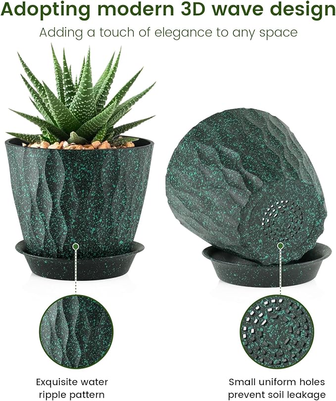Meowell 5 inch Plant Pots for Indoor Outdoor Plants, 6 Pack Thick Nursery Pots with Drainage Holes and Saucers, 3D Modern Wave Texture Small Plastic Planter Flower Pots, Black with Green Speckles