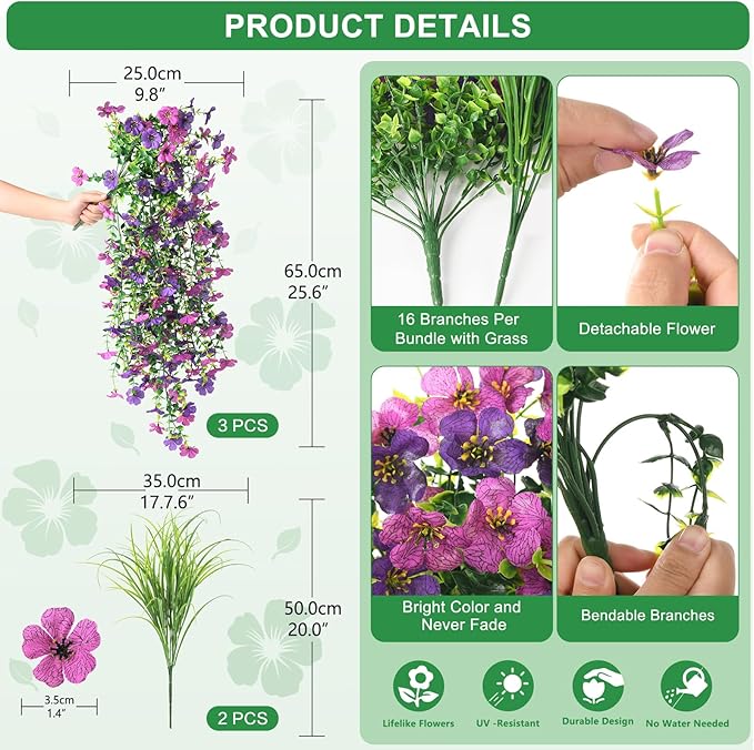Artificial Hanging Flowers with Wheat Grass for Outdoors, 5 Pcs Fake Hanging Plants for Spring Decor, UV Resistant Faux Silk Flower Greenry for Planter Porch Patio Yard Garden(Mixd Purple Red)
