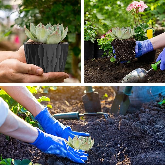 UOUZ 4 Inch Small Pots for Plants, 6 Pack Waffle Texture Small Plant Pots for Succulents, Plastic Planter with Drainage Holes and Saucers for Indoor Outdoor Plants, Flowers, Herbs, Seedlings,Black