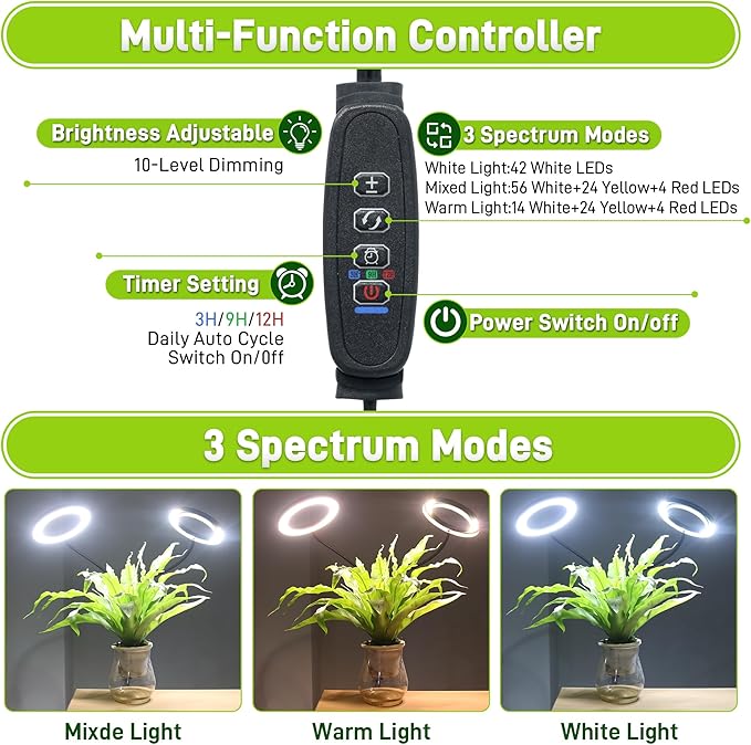 Grow Lights for Indoor Plants,Double Head Full Spectrum LED Plant Light with Stand,6 Dimmable Levels & 3 Lighting Modes, Auto On Off Timer 3/9/12H, 38-67 inches Adjustable Height, Black