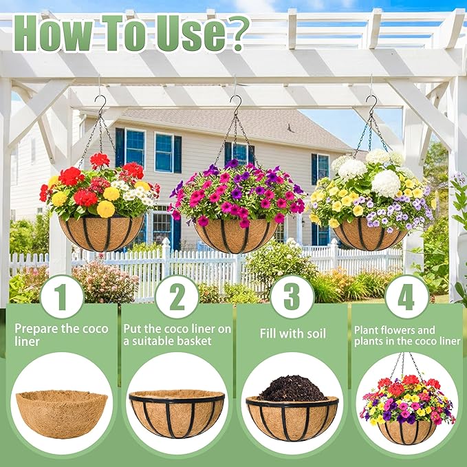 2 Pack 12 Inch Hanging Baskets for Plants Outdoor Metal Hanging Planters Round Hanging Flower Pots with Coco Coir Liner Plant Holder for Outdoor Patio Garden Balcony Decor - Flat Iron