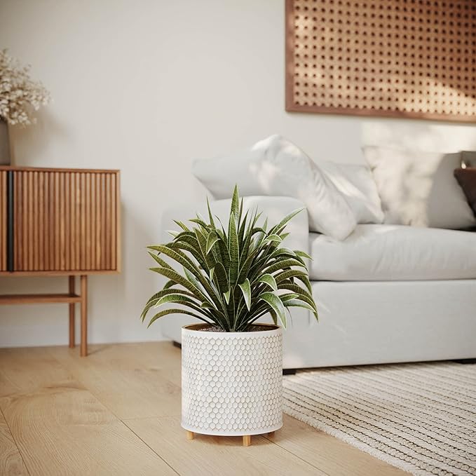 EverNest Honeycomb Gold and White Planter with Wooden Peg Leg Stand, 10-Inch Plant Pot, SelectBase, Mid-Century Modern, Indoor Home Decor Planters (Medium, 2 Gallon)