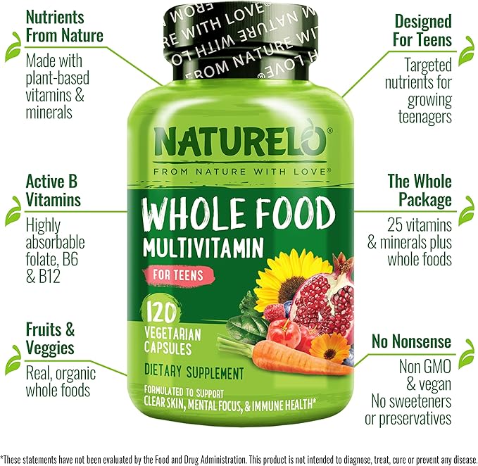 NATURELO Multivitamins for Teenage Girls/Boys, 120 Capsules, Whole Food Multivitamin with Minerals, Non-GMO, Vegetarian