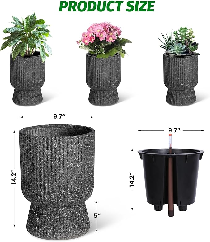 IDEALHOUSE Self Watering Planters Set of 2, 14.2 Inch Tall Outdoor/Indoor Flower Pots with Water Level Indicator, Large Modern Planter with Hidden Reservoir for Patio, Porch, Balcony,Black
