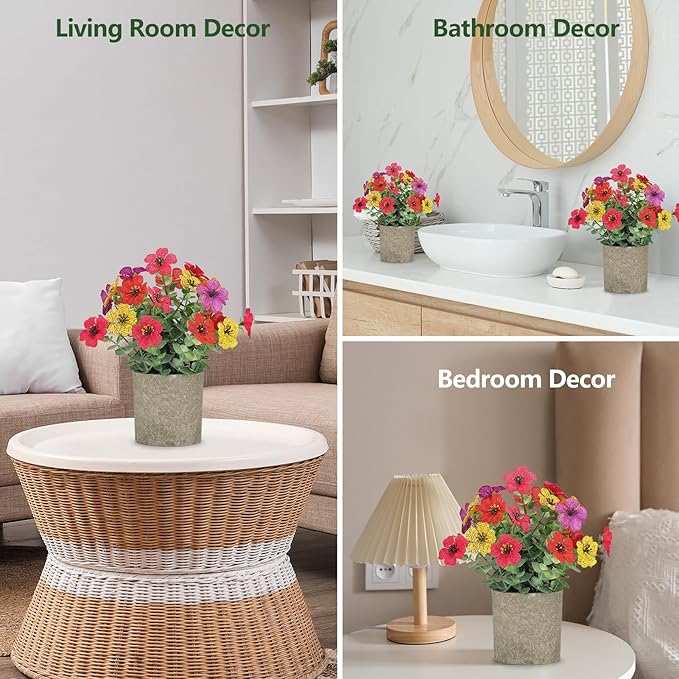2 Pack Small Fake Plants Potted Artificial Plants Artificial Flowers Potted Faux Flower Daisy with Eucalyptus Leaves for Home Decor Office Room Farmhouse Indoor Table Bathroom Decor（Colorful）