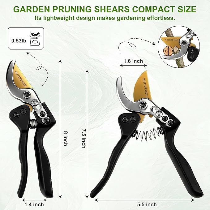 Pruning Shears, Sharp Clean Cut SK5 Steel Garden Clippers with Teflon Blade, Bypass Hand Pruners, Ergonomic Non-Slip Grip for Roses, Shrubs & Plants