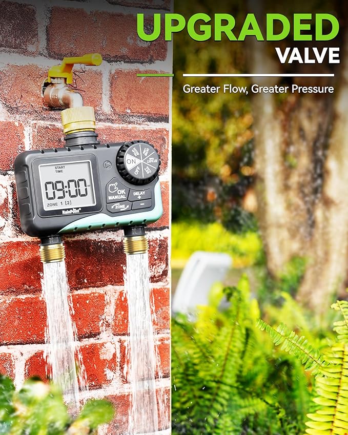 RAINPOINT 2 Zone Sprinkler Timer with Brass Inlet and Outlet - Water Timer for Garden Hose with Rain Delay/Manual Watering/Automatic Irrigation Controller System - Water Hose Timer for Yard Lawn