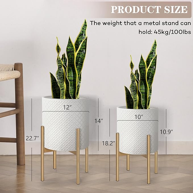 Oakrain Mid Century Planters for Indoor Plants, Metal Plant Set of 2, Modern Decorative Plant Pots for Living Room, Garden, Balcony, Cream White Planters with Glod Plant Stands, 10" & 12"