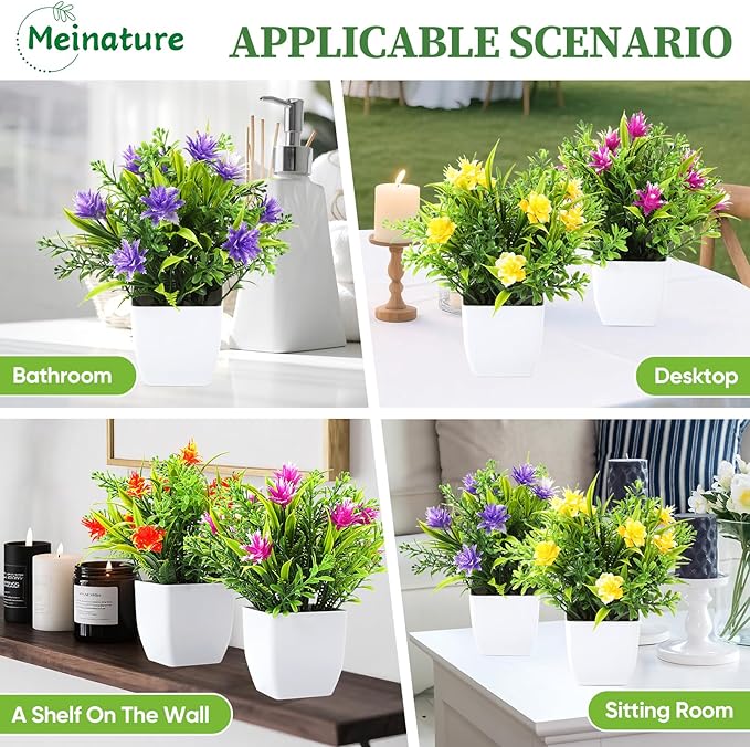 Fake Plants 4 Packs, Small Artificial Plants with Flowers, Black Faux Plants for Bathroom, Office, Home, Conference Table Decor, Indoor Desk Decor for Library, Restaurant