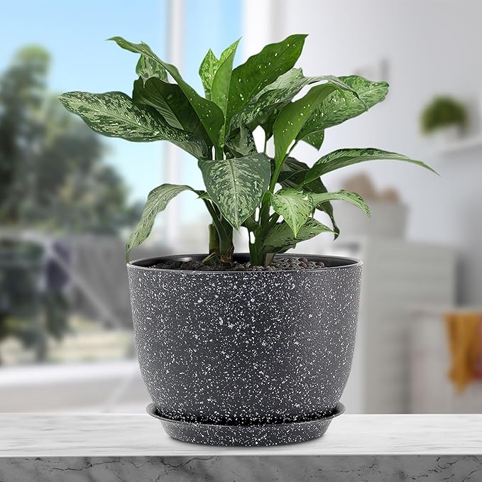 Meowell 12 inch Big Plant Pots, Plastic Planters with Drainage Holes and Trays, Large Flower Pots for Indoor Outdoor Plants, Modern Decorative Pots for Garden House Plants, Speckled Black